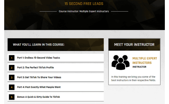 A screenshot of the 15 second free leads course overview