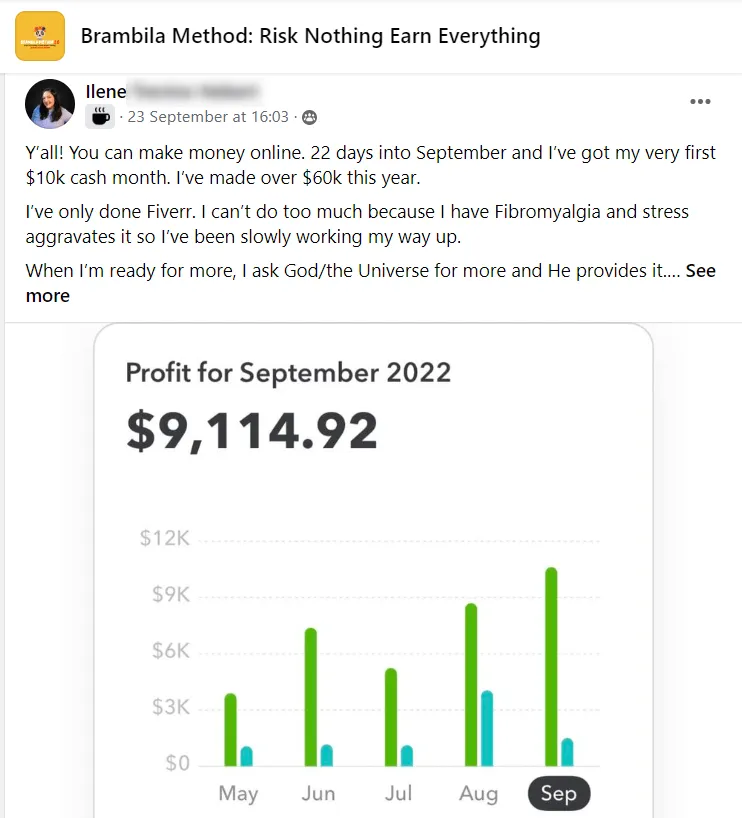 A screenshot of a brambila method testimonial posted in the dedicated facebook group