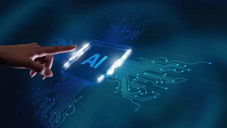 A female hand reaches out to touch a CGI button reading "AI" to illustrate AI-generated blog content.