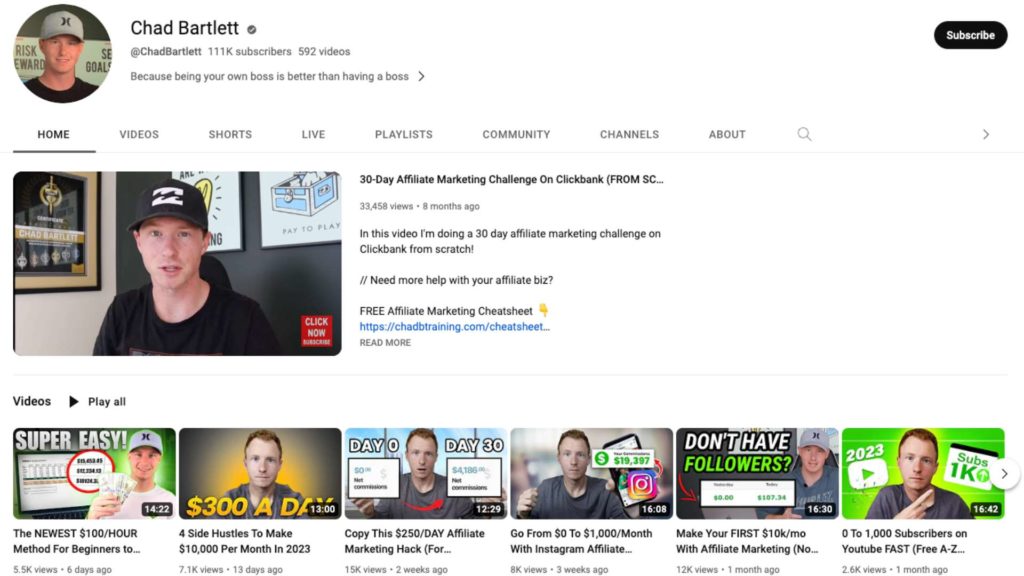 A screenshot of chad bartlett's youtube channel