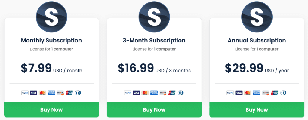 A screenshot of the snapdownloader pricing page showing the cost of the subscription packages