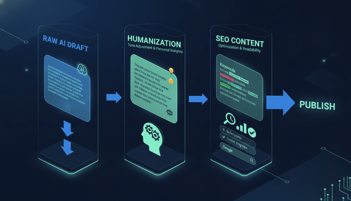 Diagram showing AI content humanization techniques and workflow steps