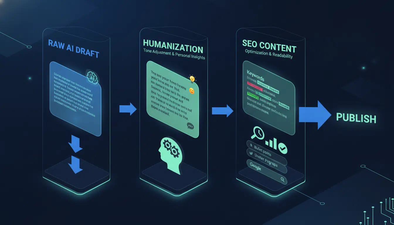 Diagram showing AI content humanization techniques and workflow steps