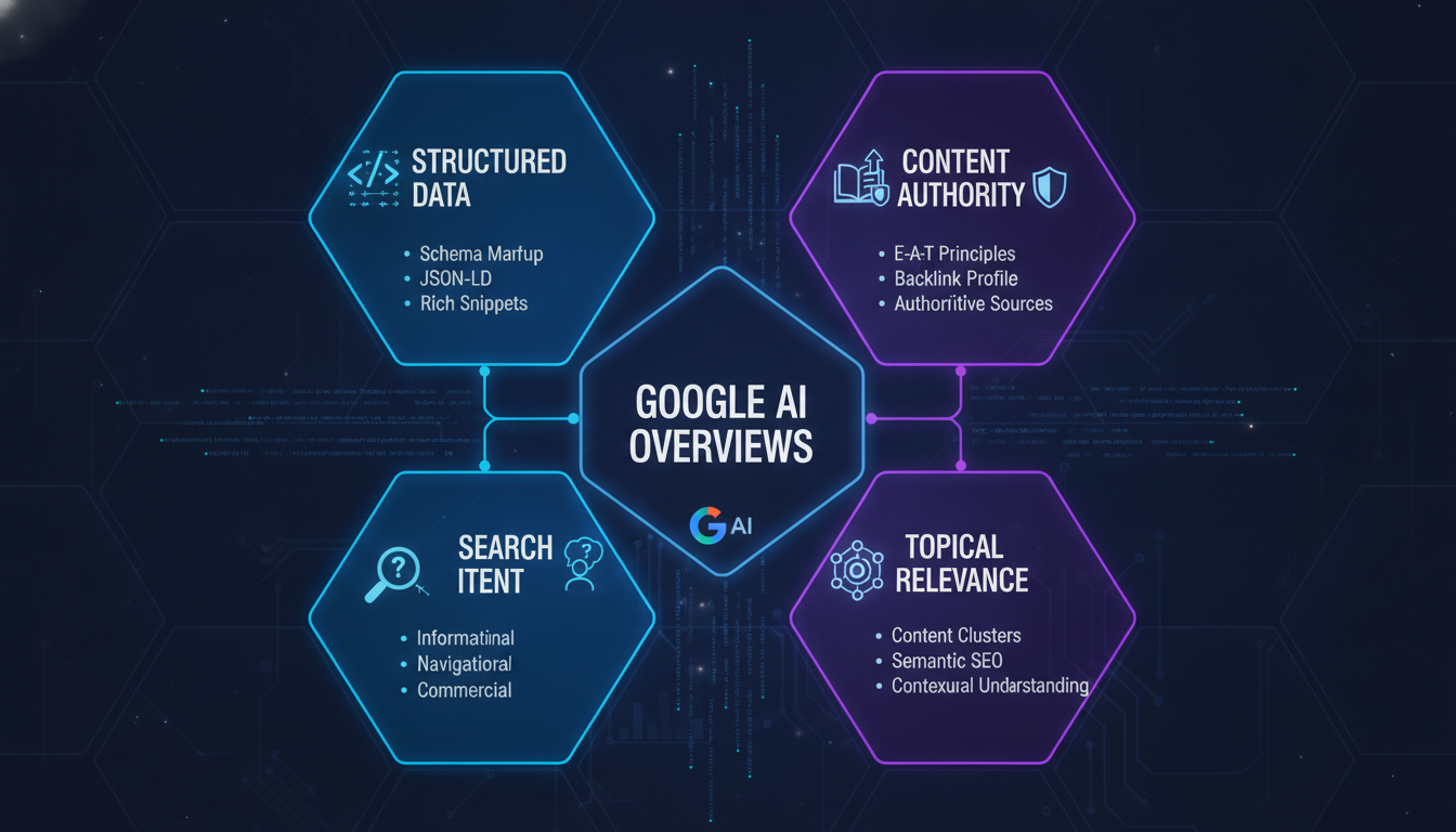 Infographic diagram displaying core ranking factors for Google AI Overviews and search citations