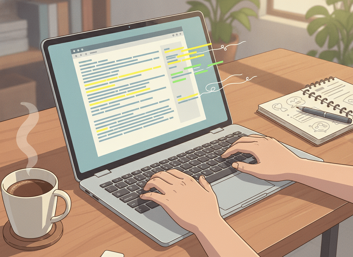 A blogger editing AI text on a laptop to bypass Turnitin AI detection.