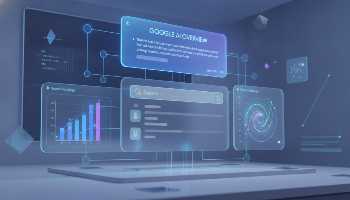 Google AI Overviews SEO strategy dashboard showing search engine AI answer box and rankings metrics